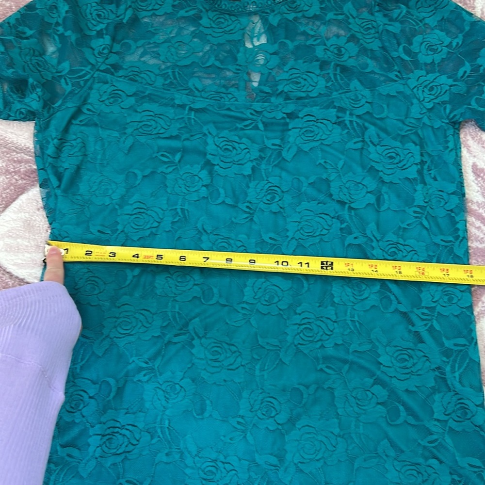 Torrid Teal Stretch Lace Crew Neck Puff Sleeve Top Size 00 - Picture 9 of 12